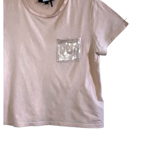 DKNY L Cotton Modal Sequin Pocket Short Sleeve Neutral Pink Beige Boxy Knit Top - Picture 2 of 5